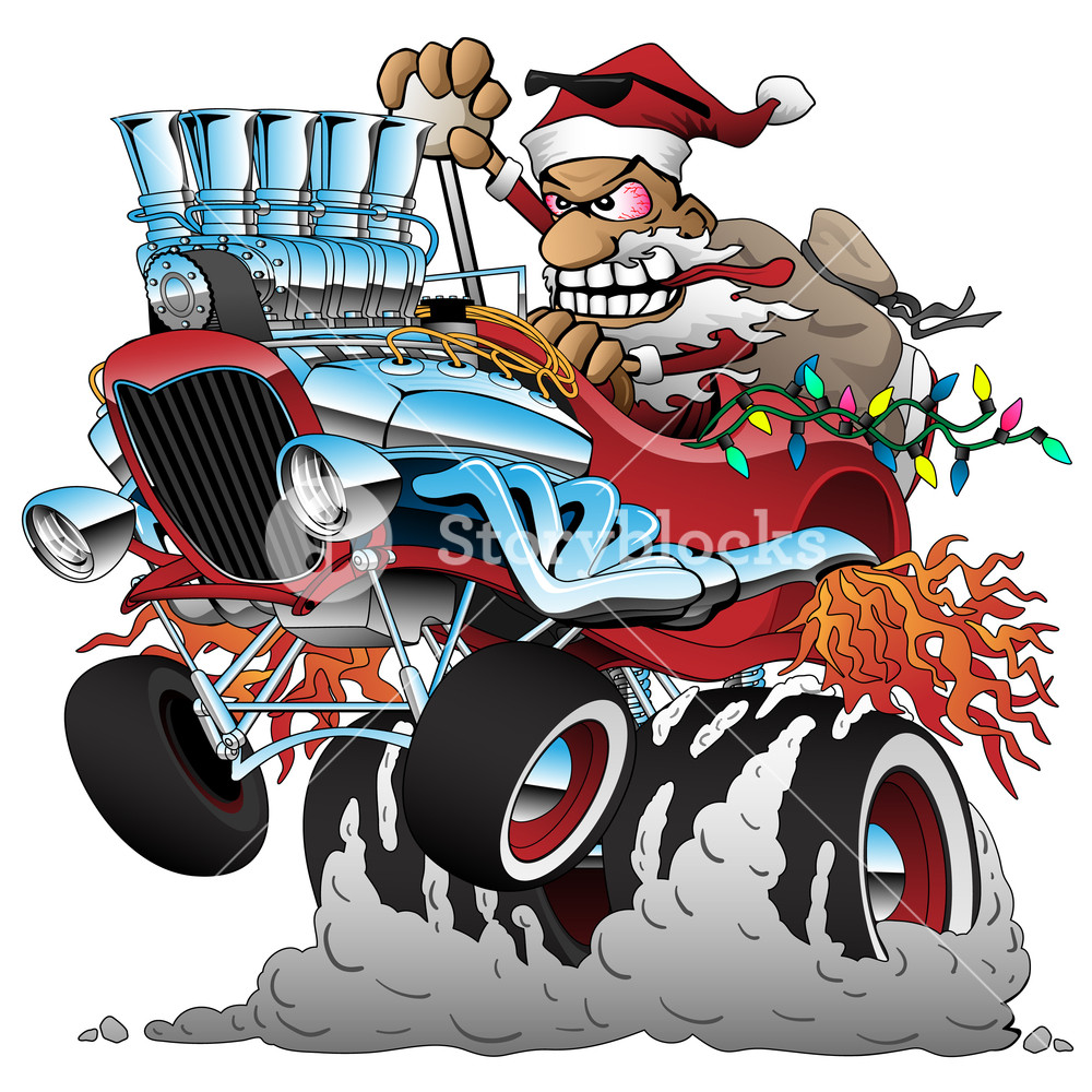 1000x1000 Hot Rod Santa Christmas Cartoon Car Vector Illustration Royalty