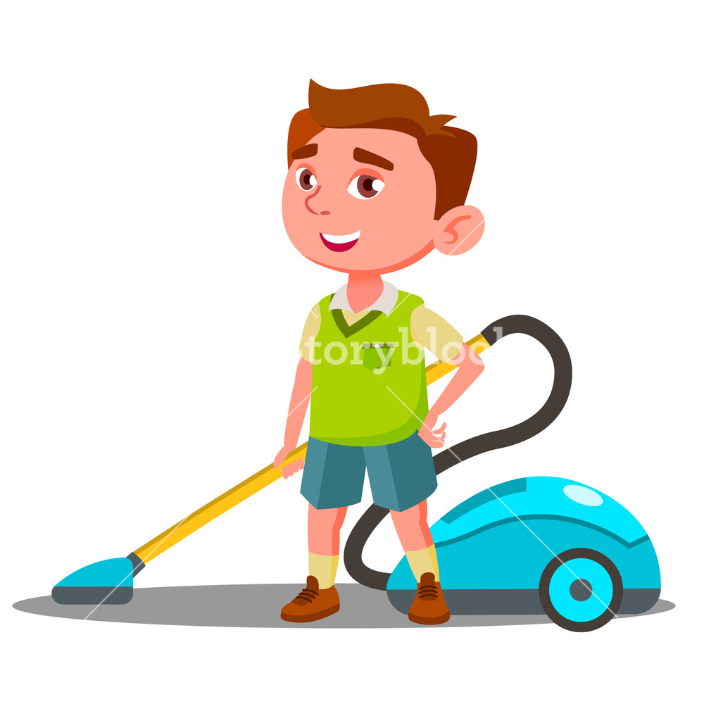 1000x1000 Little Boy With Vacuum Cleaner Helps To Do House Cleaning Vector