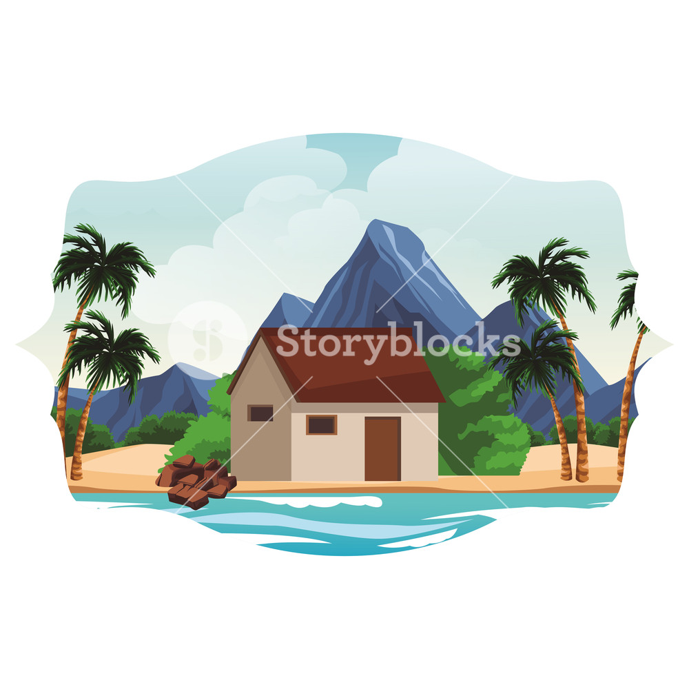 1000x1000 House In The Beach Scenery Inside Label Frame Vector Illustration