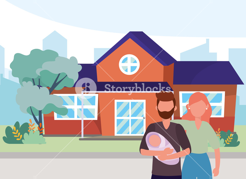 1000x730 Casual Happy People Family In Front Urban House Home Cartoon