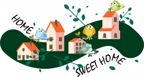 468x249 Home Sweet Home Background Cute Birds Houses Icons Vectors Stock