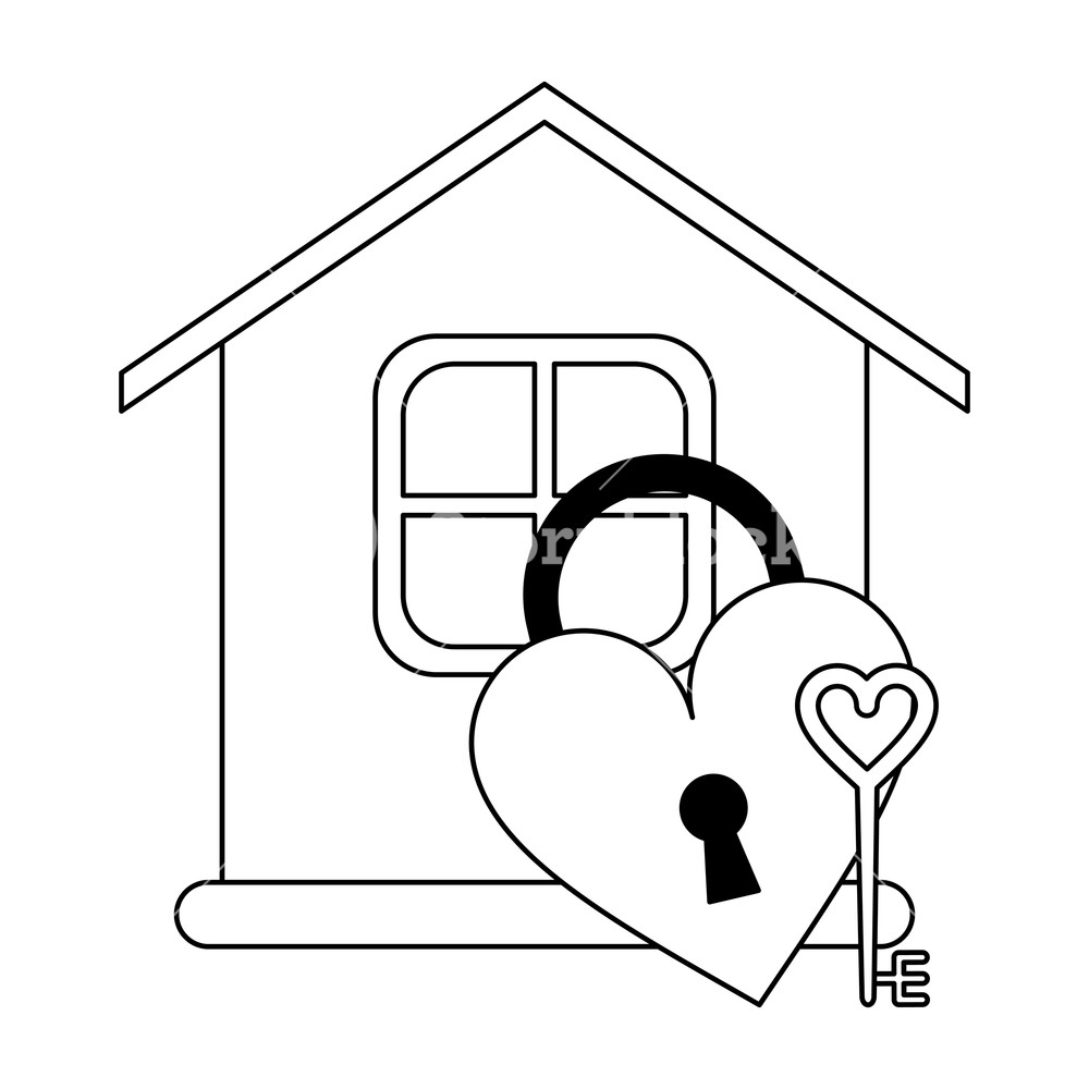 House With Heart Shaped Padlock And Key Vector Illustration 1000x1000 House With Heart Shaped Padlock And Key Vector Illustration