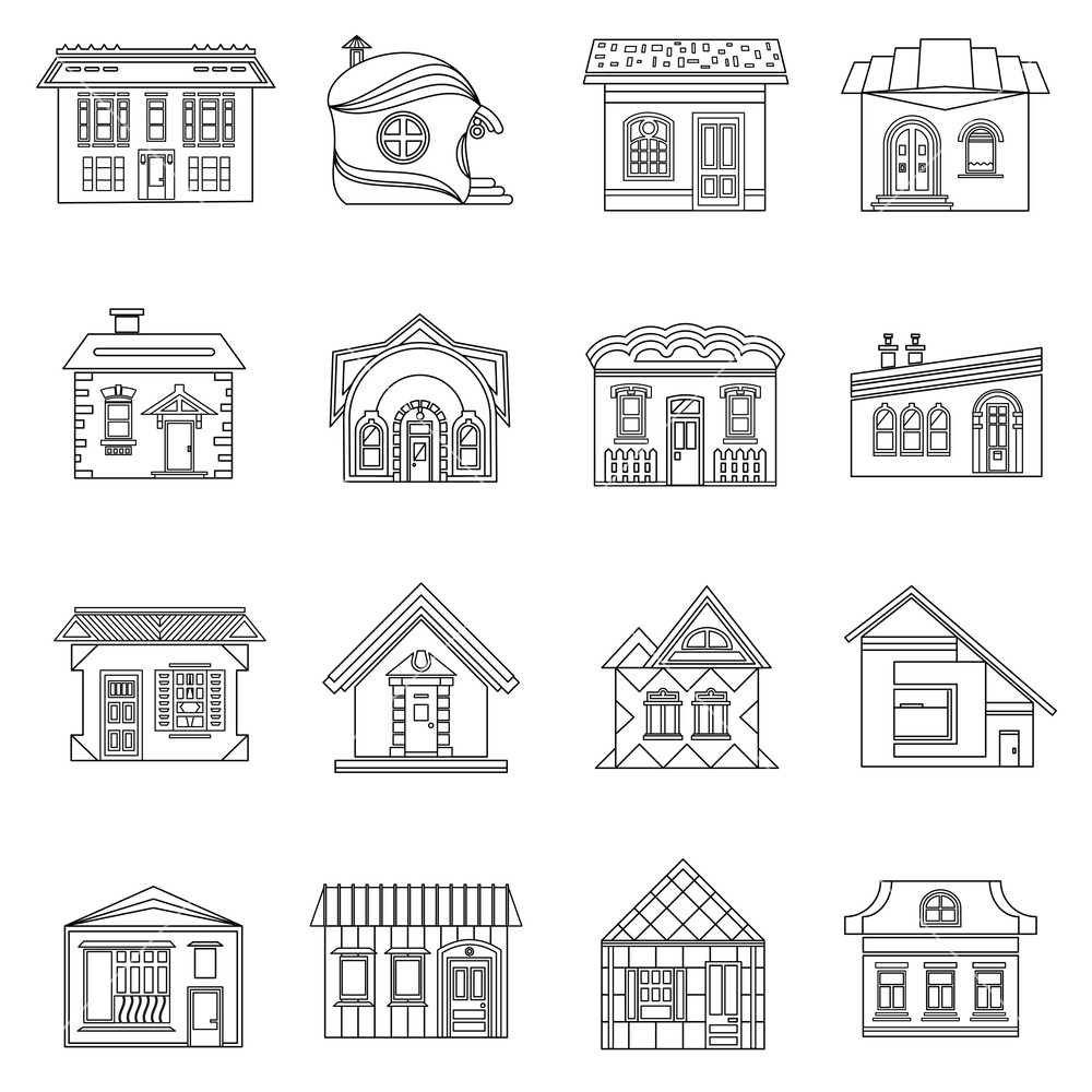 1000x1000 House Set In Outline Style Private Residential Architecture Set