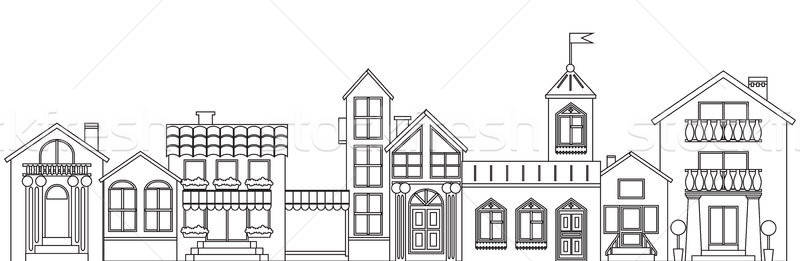 800x261 Old European Town Contour Vector Isolated Houses Outline