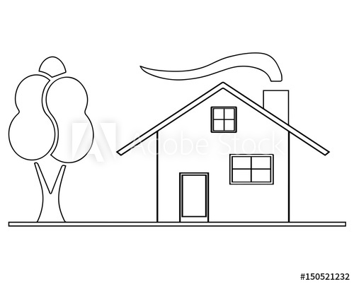 500x402 House Sketch Vector With Garden Tree And Chimney