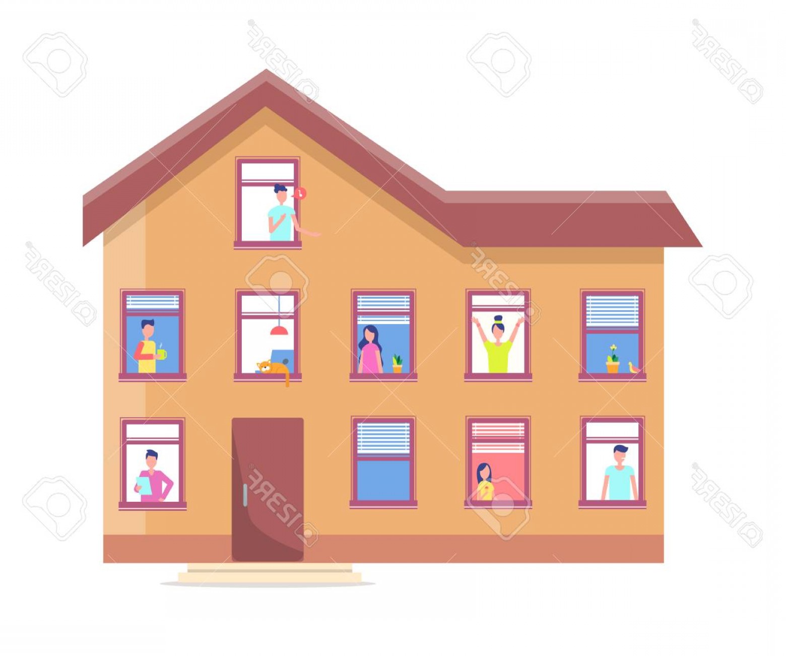 Photostock Vector Three Storey House People Windows Vector 1560x1302 Photostock Vector Three Storey House People Windows Vector