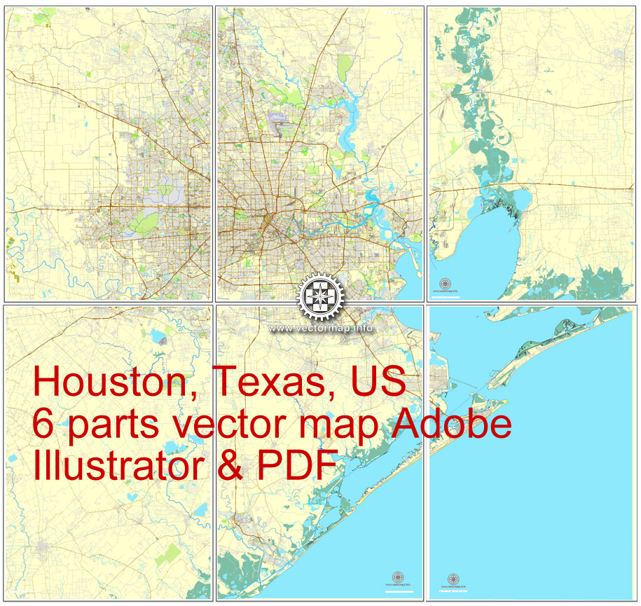 915x865 Houston, Texas, Us Printable Vector Street City Plan Map Parts, Full