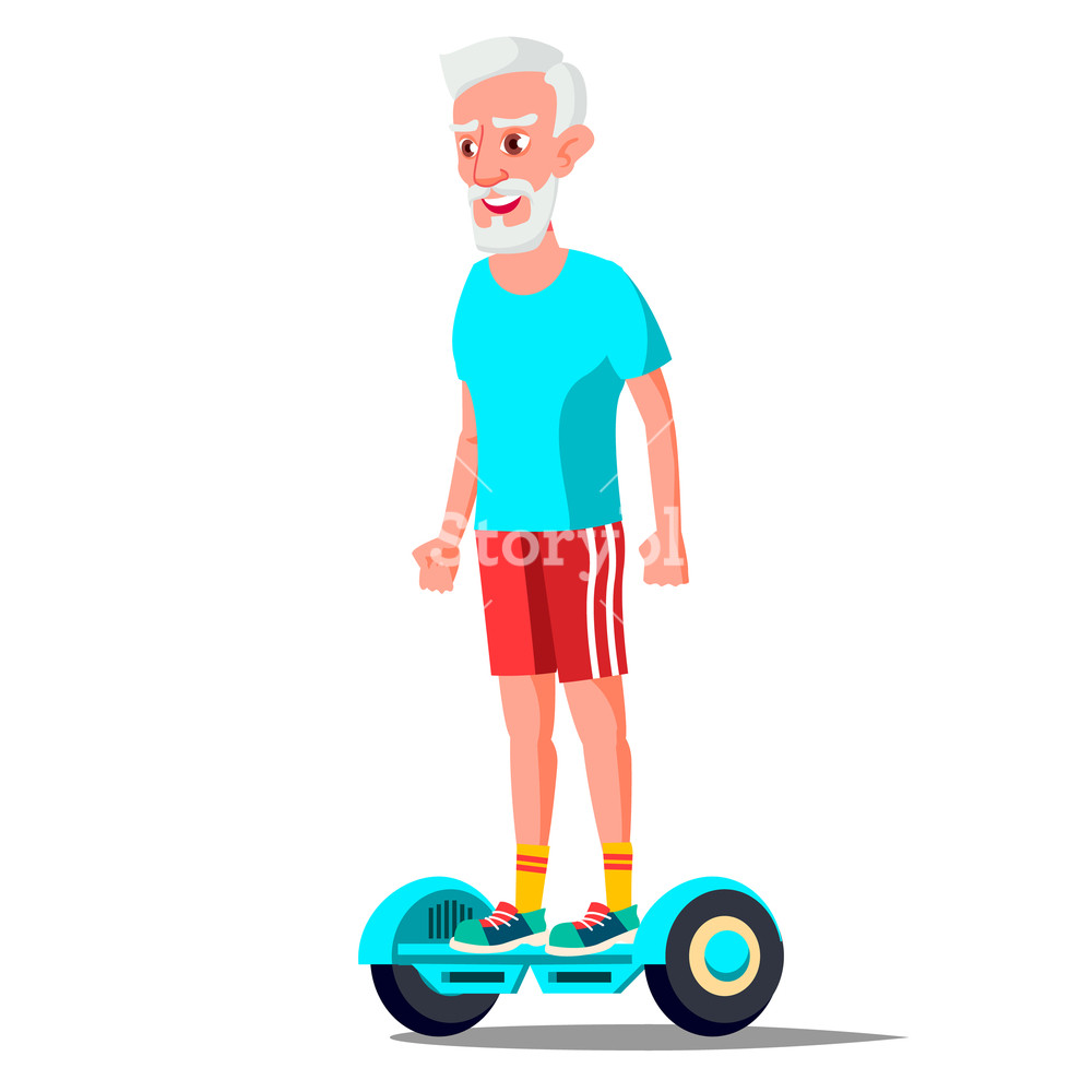 1000x1000 Old Man On Hoverboard Vector Riding On Gyro Scooter Outdoor