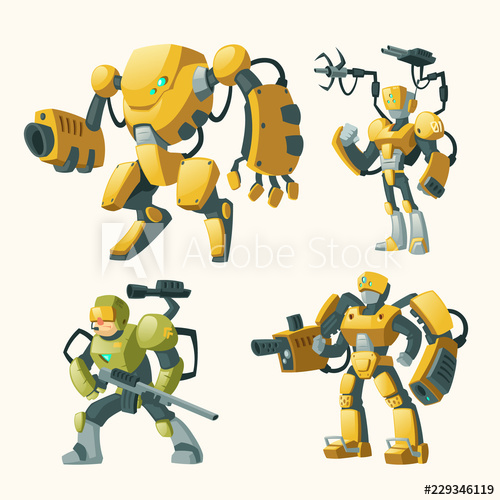 500x500 Vector Cartoon Set With Androids, Human Soldiers In Robotic Combat