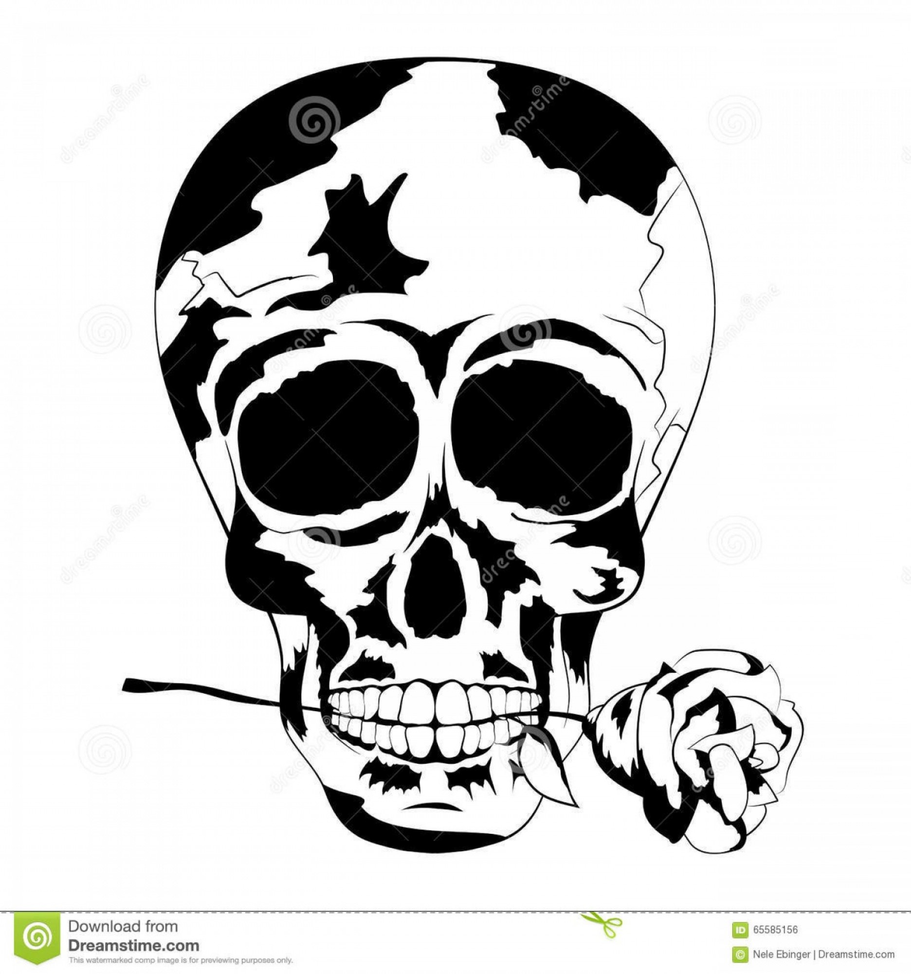 1872x2001 Stock Illustration Black White Human Skull Rose Mouth Tattoo Skull