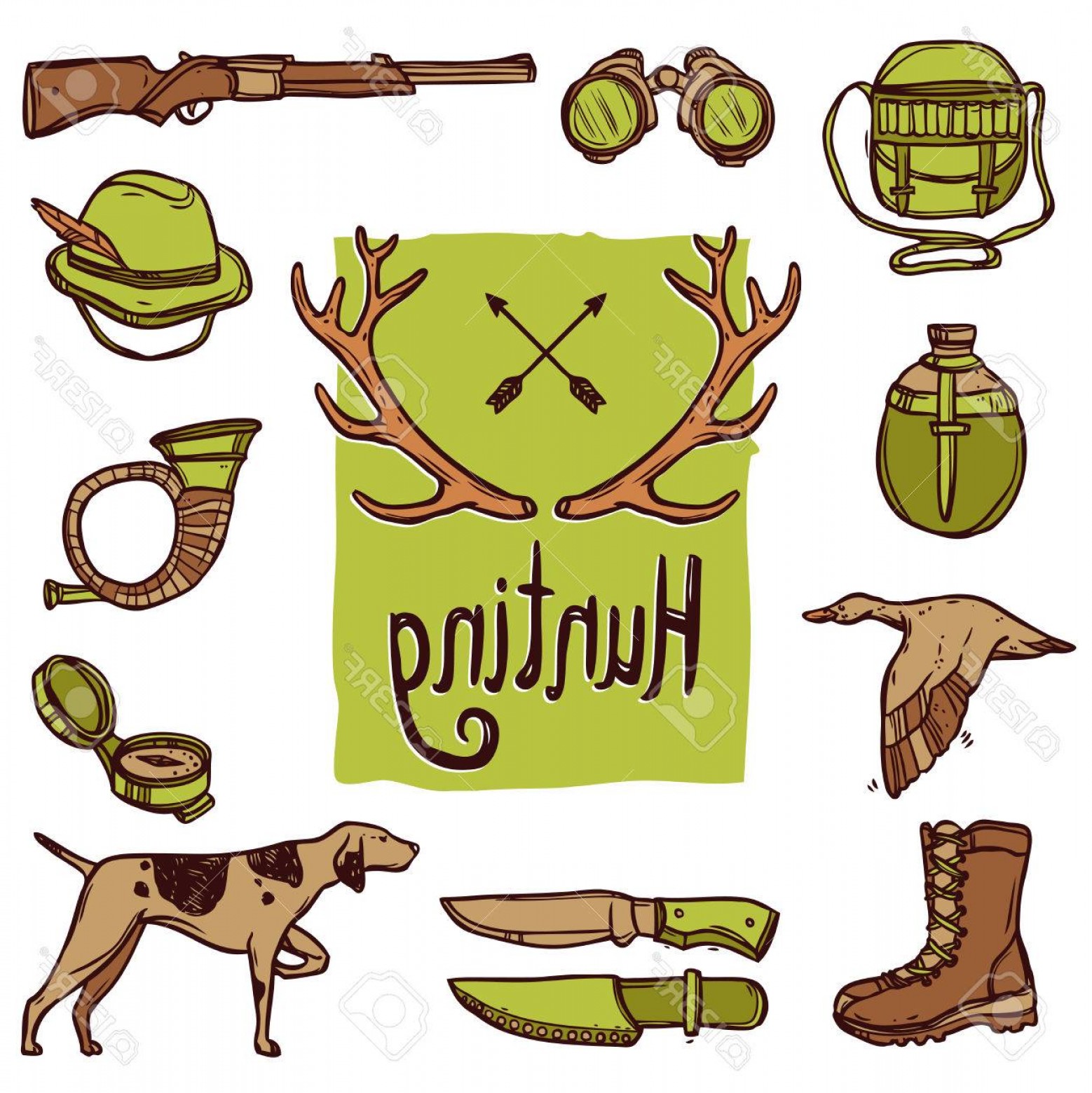 1558x1560 Photostock Vector Hunting Hand Drawn Icons Set With Dog Weapon