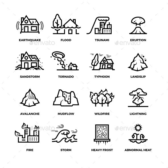 590x590 Natural Disaster Accidents Line Vector Icons And Damage Symbols