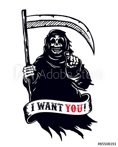 Grim Reaper With Scythe In Dark Hooded Cloak, Death Pointing 402x500 Grim Reaper With Scythe In Dark Hooded Cloak, Death Pointing