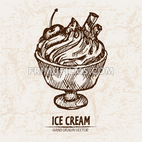 600x600 Digital Vector Detailed Line Art Sundae Ice Cream In Glass Bowl