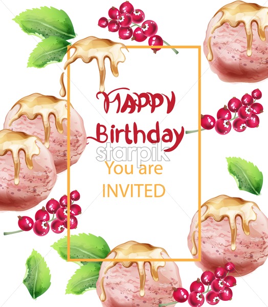 524x600 Birthday Card With Ice Cream Vector Watercolor Sweet Invitation