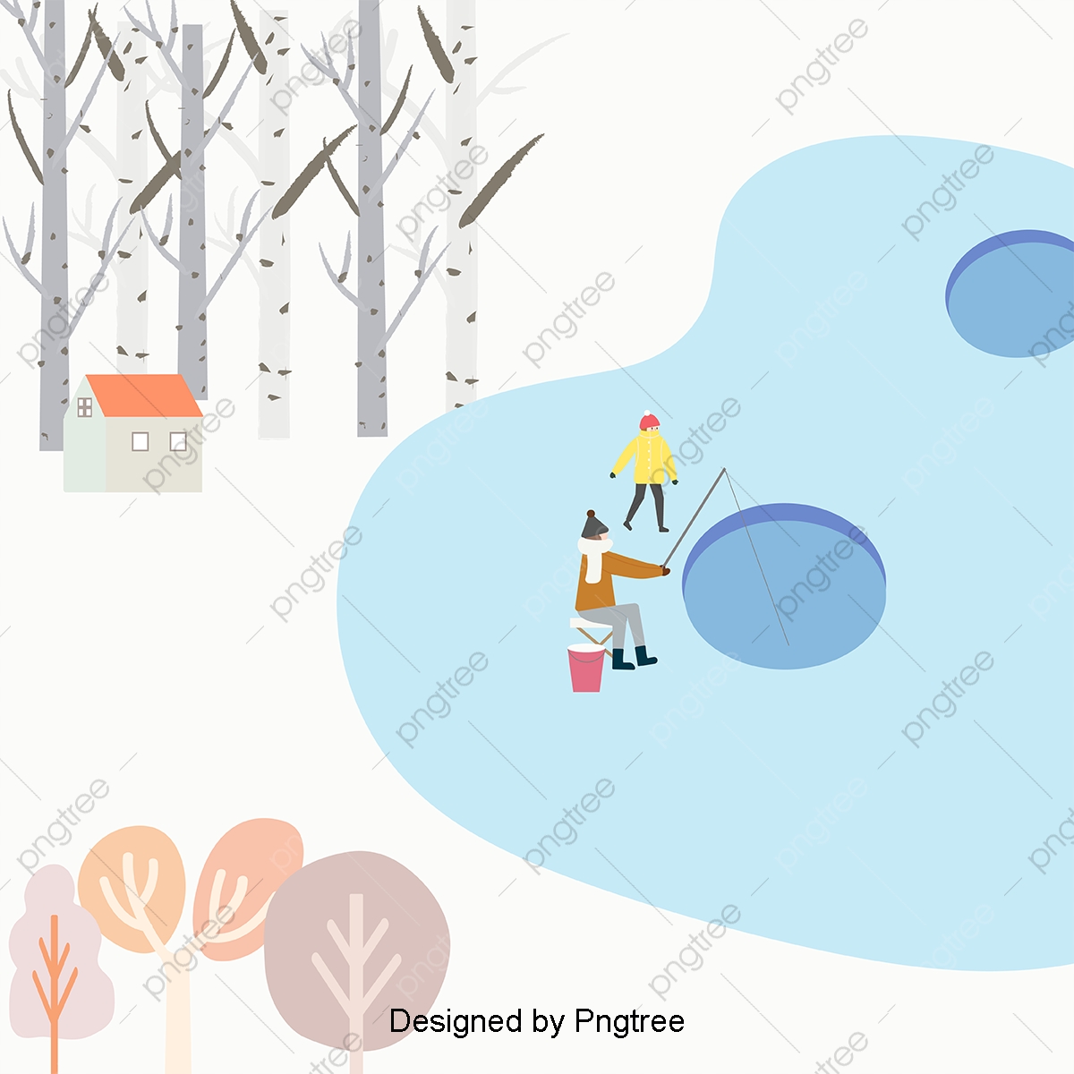 1200x1200 Light Simple Hand Painted Snow Ice Fishing Background, Light