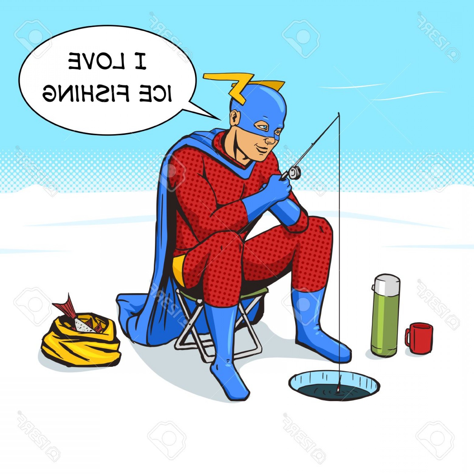 1560x1560 Photostock Vector Superhero On Ice Fishing Cartoon Pop Art Vector