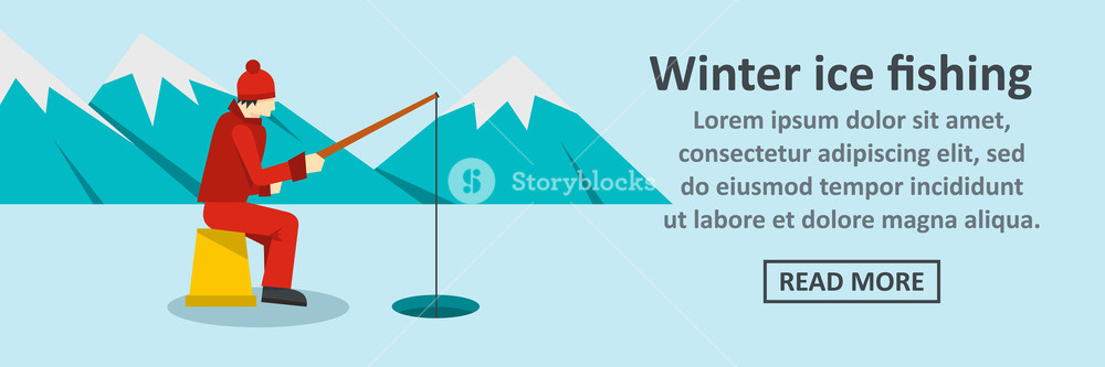 1000x333 Winter Ice Fishing Banner Horizontal Concept Flat Illustration