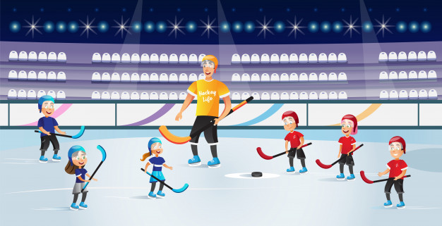 626x321 Boys And Girls Playing Hockey On Ice Rink Vector Vector Premium