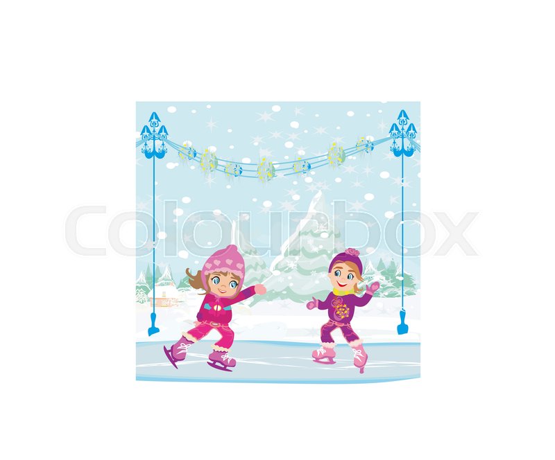 800x664 Little Girls Skating On Ice Rink Stock Vector Colourbox
