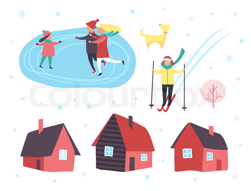 800x607 Skating People, Family With Dog On Stock Vector Colourbox