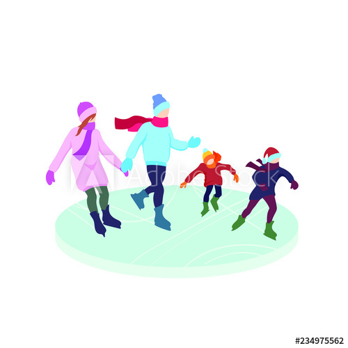 500x500 Flat Cartoon Family On The Ice Rink, Vector Illustration Isolated