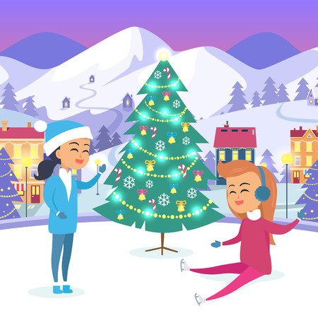 450x450 Girl In Snow Maiden Suit And Teen On Ice Rink Vector Illustration