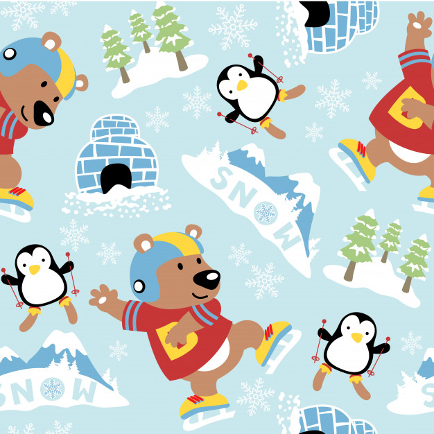 626x626 Seamless Pattern Vector With Ice Or Snow Sport With Cute Animals