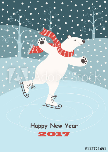 354x500 Card With A Polar Bear Skating On Ice, Snow And Winter Trees