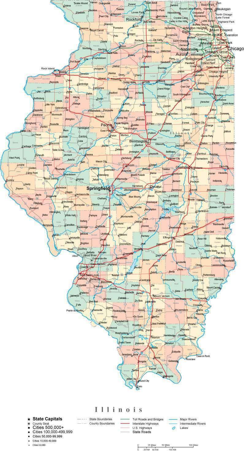 Illinois Digital Vector Map With Counties, Major Cities, Roads 796x1472 Illinois Digital Vector Map With Counties, Major Cities, Roads