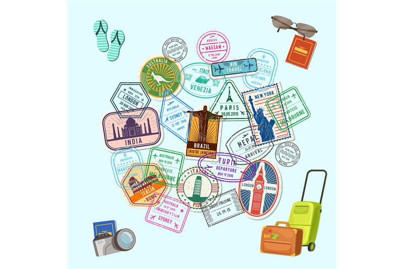 800x533 Vector Concept Illustration With Post Marks And Immigration Stamps