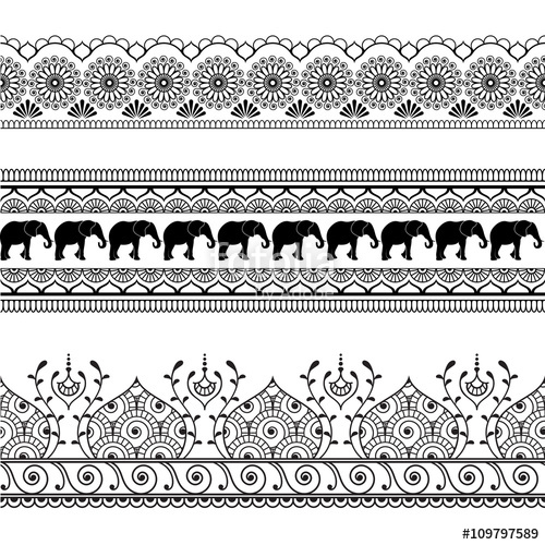 500x500 Mehndi Henna Border Seamless Pattern Element With Elephants