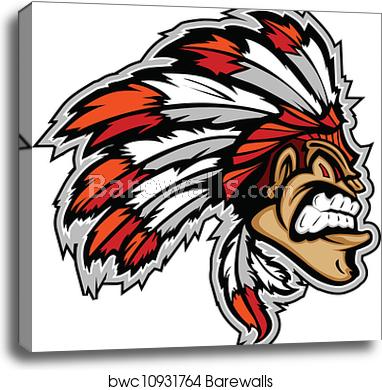 382x390 Indian Chief Mascot Head Vector Cartoon, Canvas Print Barewalls