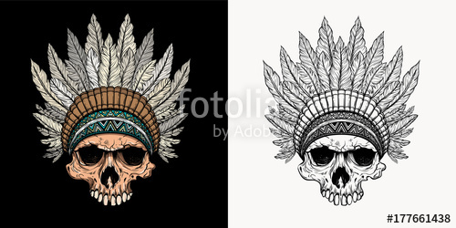 Hand Drawn Native American Indian Headdress With Human Skull 500x250 Hand Drawn Native American Indian Headdress With Human Skull