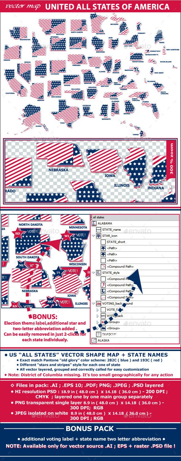 Us All States Flag Style Vector Map 590x1497 Us All States Flag Style Vector Map