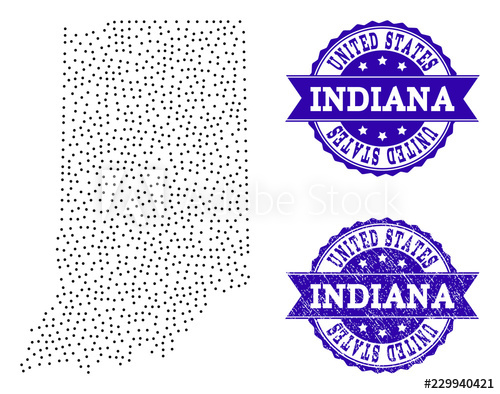 500x394 Dotted Black Map Of Indiana State And Blue Corroded Seal Vector