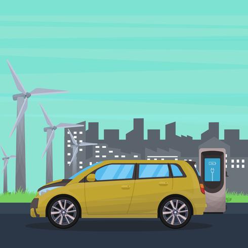 490x490 Electric Car With Industrial Background Vector Illustration