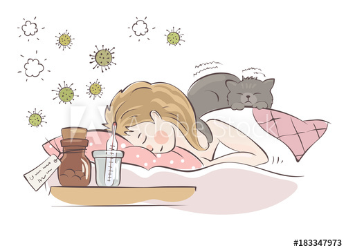 500x362 The Cat Heals The Girl Is Sick With Influenza, Vector