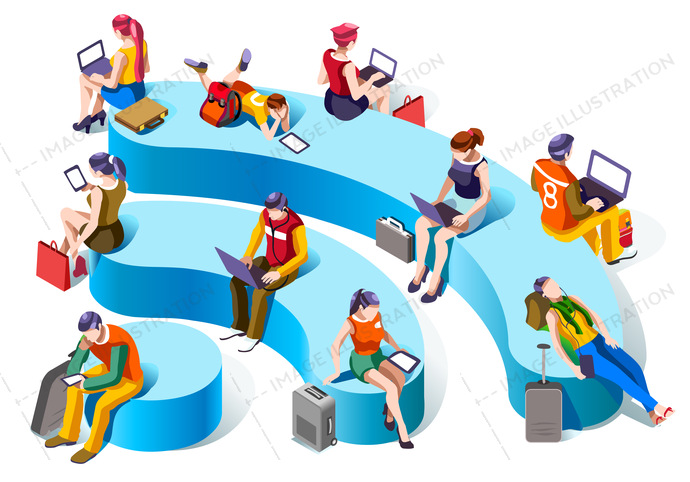 Wi Fi Connecting Isometric People Vector Social Graphics 690x482 Wi Fi Connecting Isometric People Vector Social Graphics