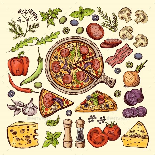 590x590 Slices Of Pizza With Cheeses, Olives And Other Ingredients Vector