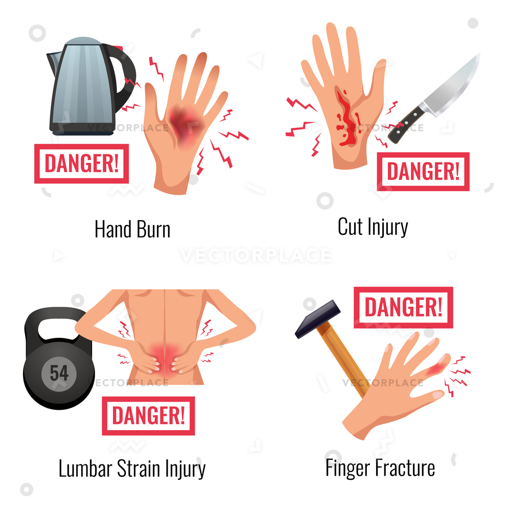 1000x1000 Human Body Parts Injury Warning Vector Illustration