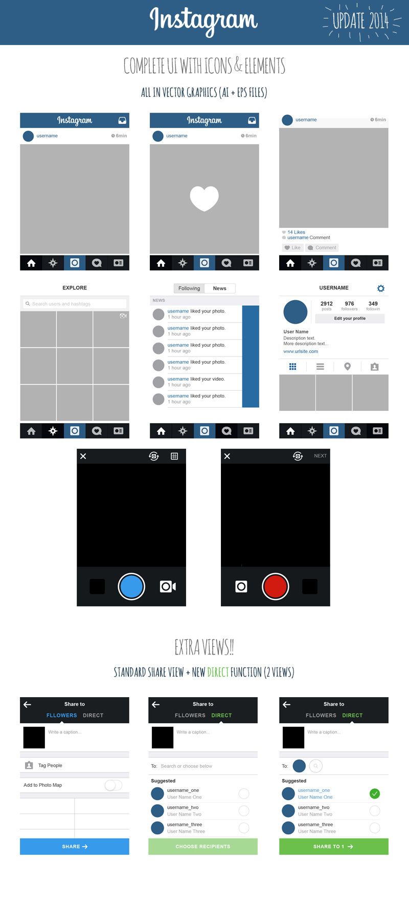 800x1800 Free Instagram Ui Views + Icons + Elements In Vector Graphics