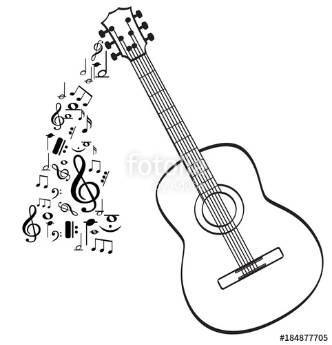 482x500 Guitar Musical Instrument Vector In Black Outline With Music