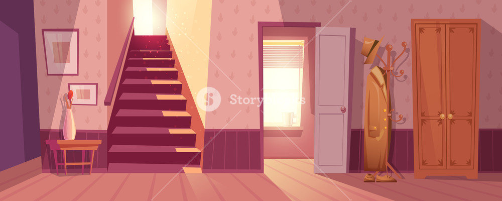 1000x400 Room Interior Vector Illustration Of Retro Corridor Or Hallway