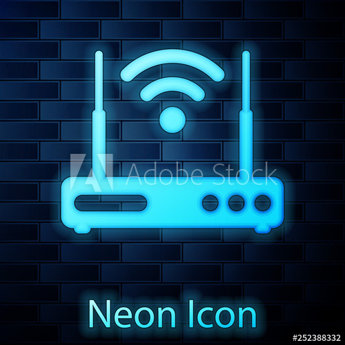 500x500 Glowing Neon Router And Wi Fi Signal Symbol Icon Isolated On Brick