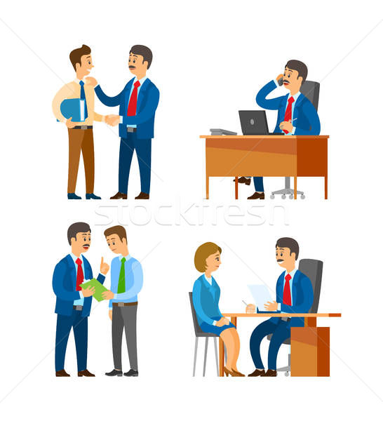 546x600 Boss Praising Office Worker, Director On Interview Vector