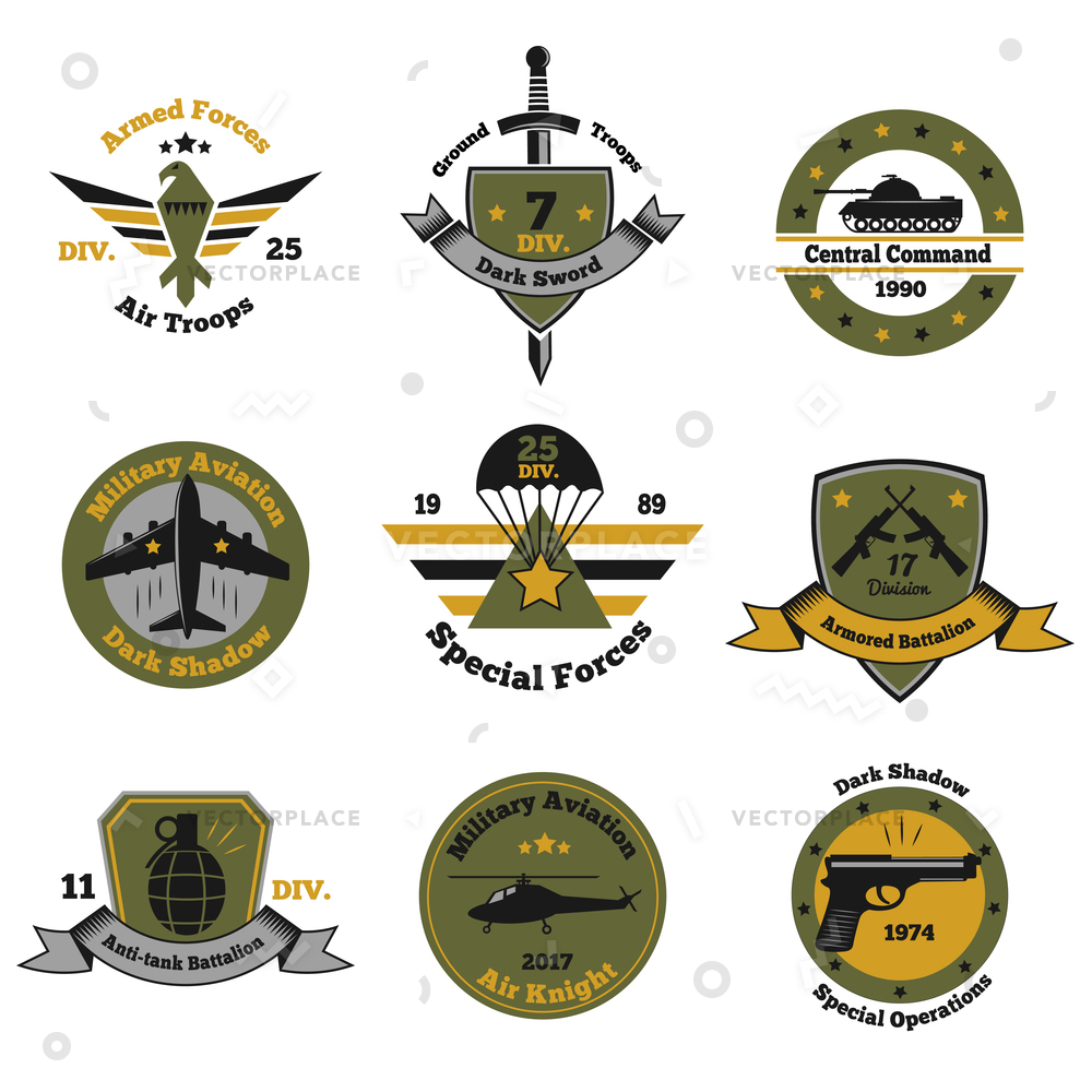 Military Emblems Color Set Nine Isolated Vector Illustration 1000x1000 Military Emblems Color Set Nine Isolated Vector Illustration