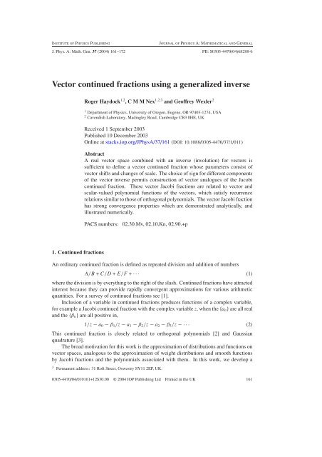 452x640 Vector Continued Fractions Using A Generalized Inverse