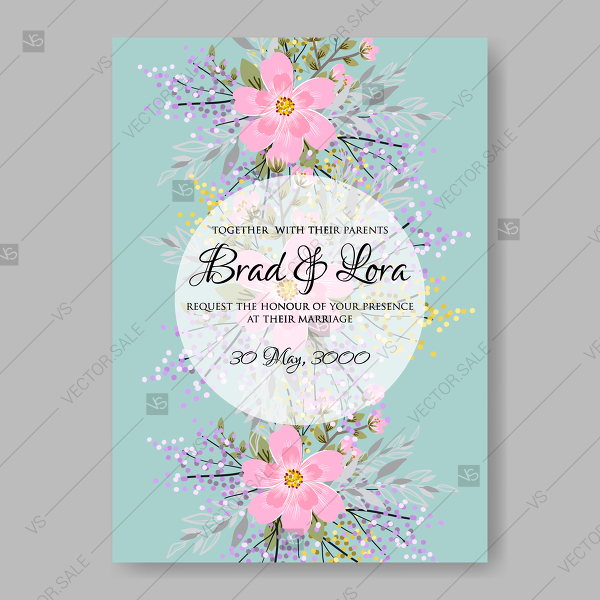 600x600 Pink Flowers On A Turquoise Background Wedding Invitation Vector