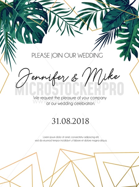 449x600 Wedding Invitation Tropical Design With Golden Geometric Lines